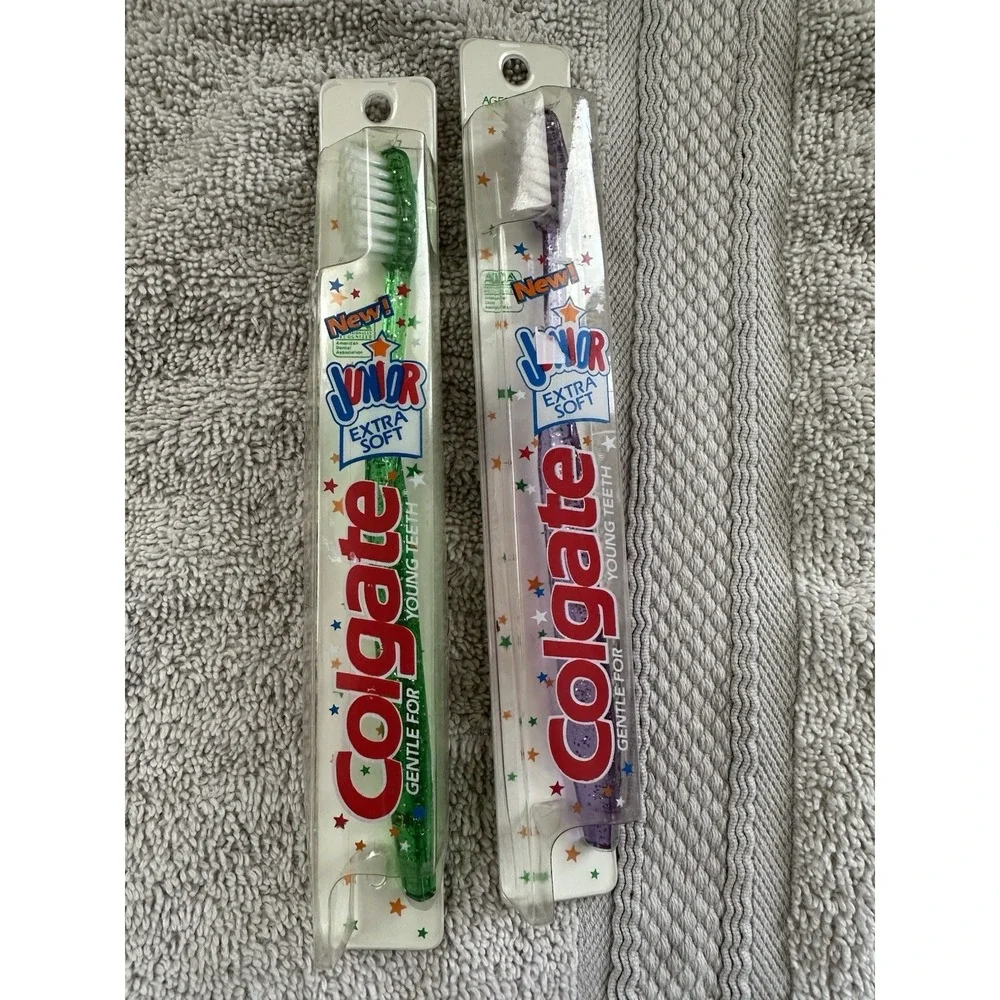 2 Vintage 90's Colgate Junior Extra Soft Toothbrushes Green And Purple
